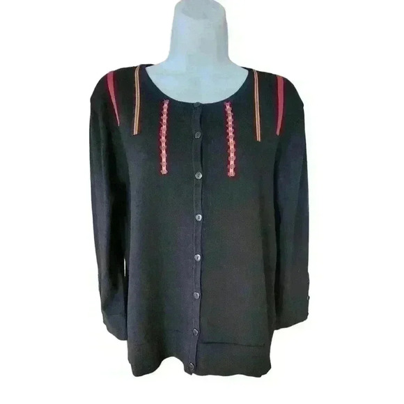 Bandolino Cardigan Sweater Silk Blend, Black w/Striped Design, Size Medium - Picture 1 of 8